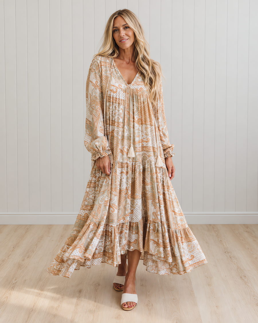 Milly Mosaic Print Maxi Dress with Tassel-Tie Neckline