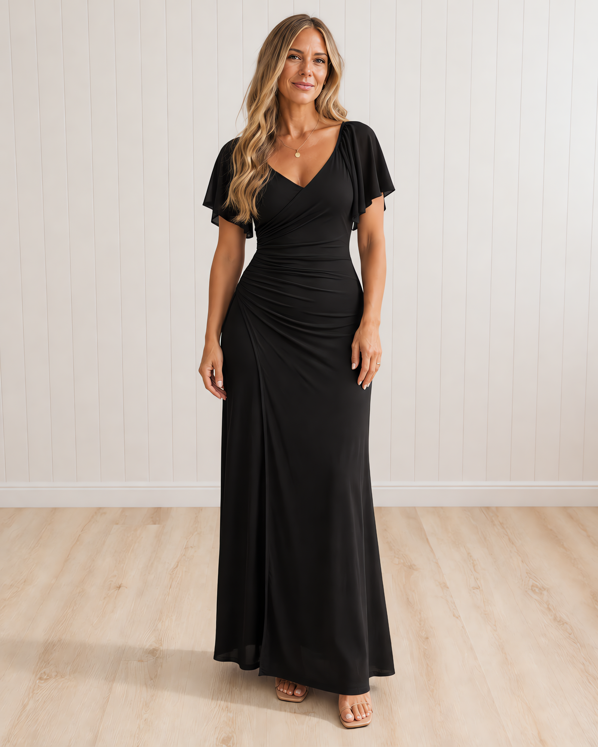 Mirabel Flutter-sleeve Pleated Elegant Sheath Dress