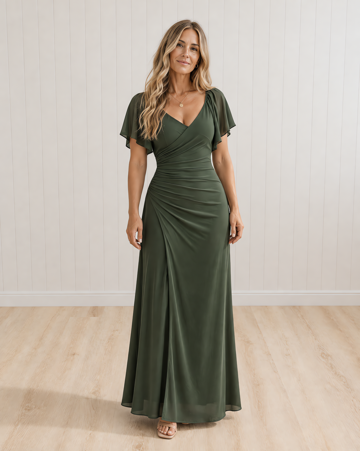 Mirabel Flutter-sleeve Pleated Elegant Sheath Dress