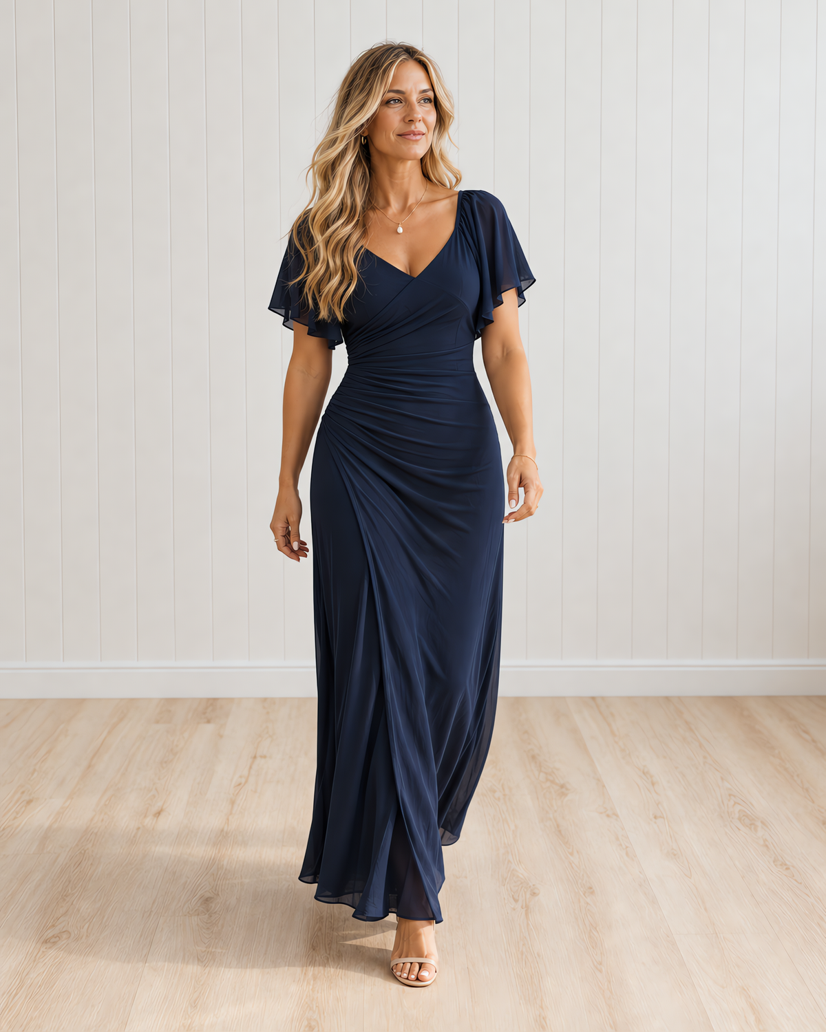 Mirabel Flutter-sleeve Pleated Elegant Sheath Dress