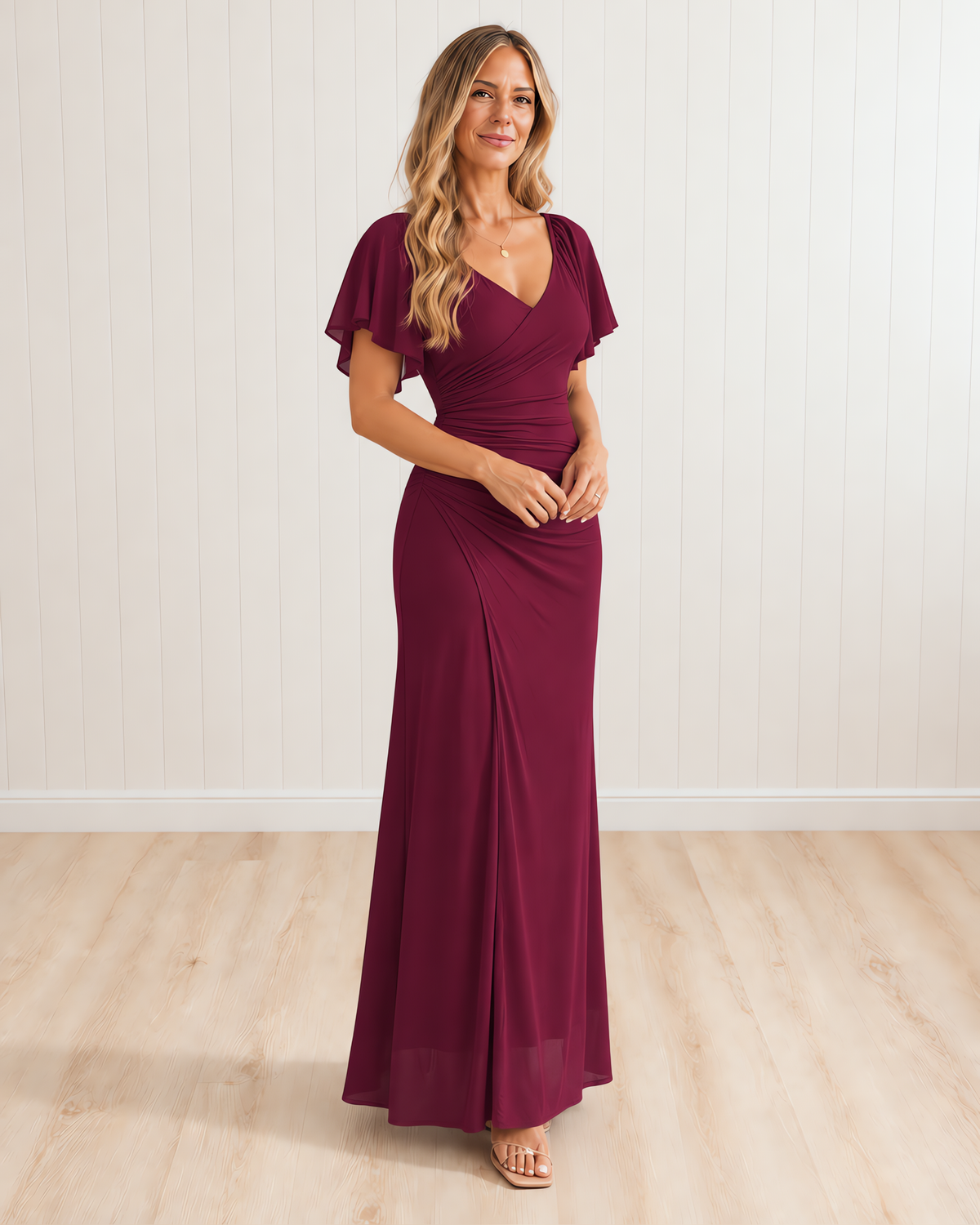 Mirabel Flutter-sleeve Pleated Elegant Sheath Dress