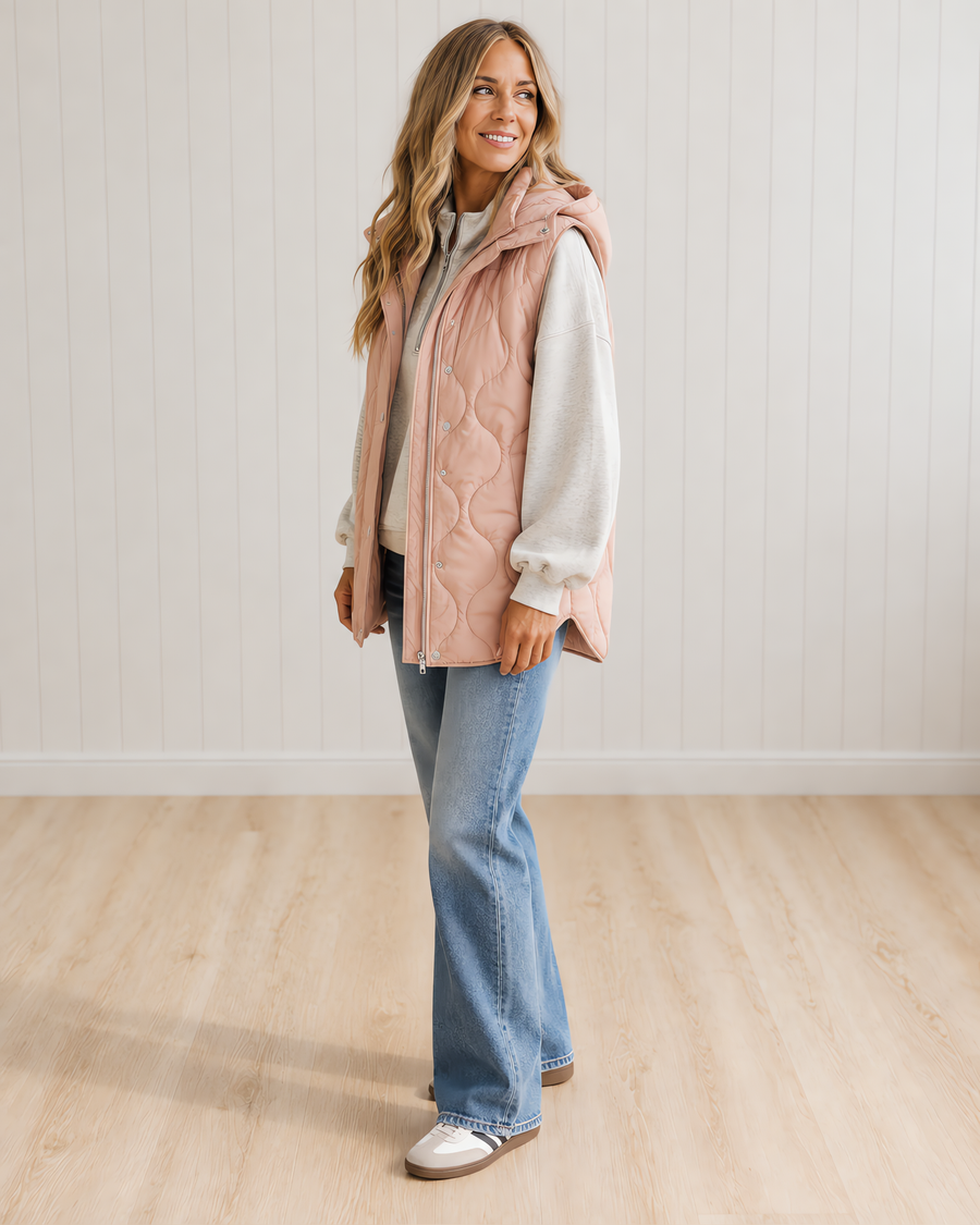 Women's Quilted Hooded Puffer Vest with Zip and Snap Buttons