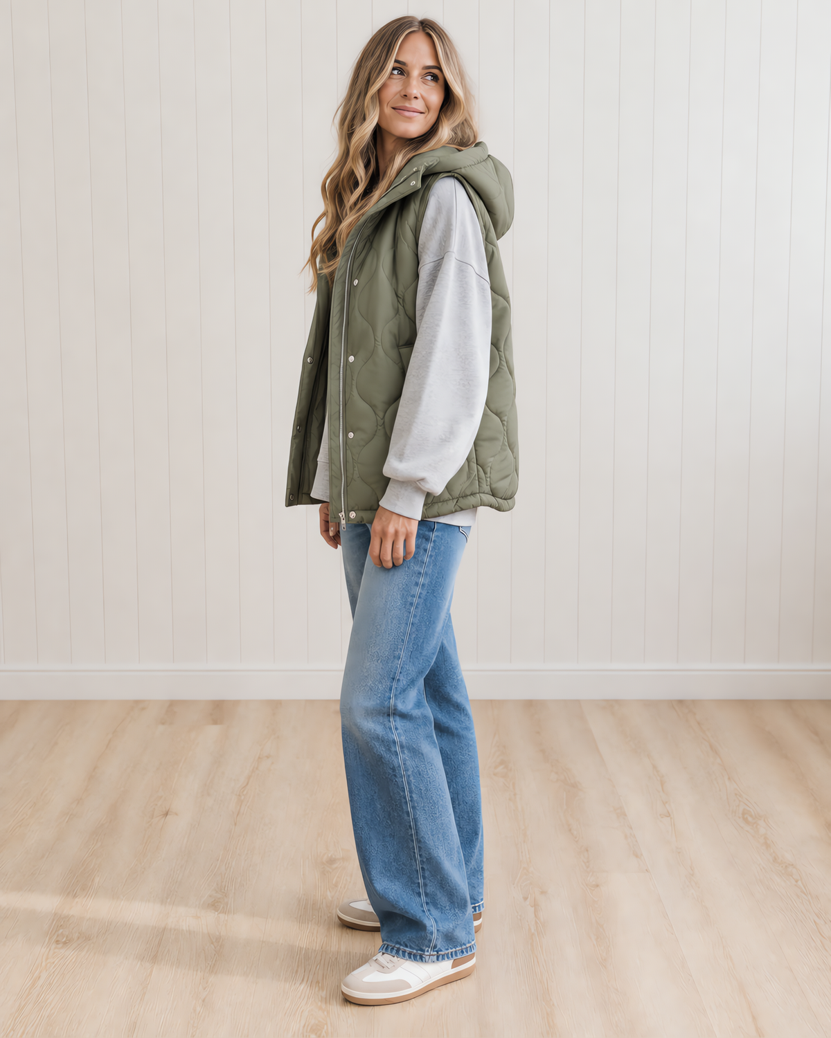 Women's Quilted Hooded Puffer Vest with Zip and Snap Buttons