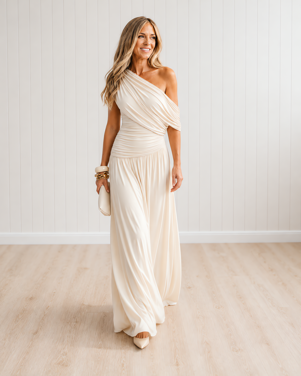 Roxanne Asymmetric Pleated Maxi Dress