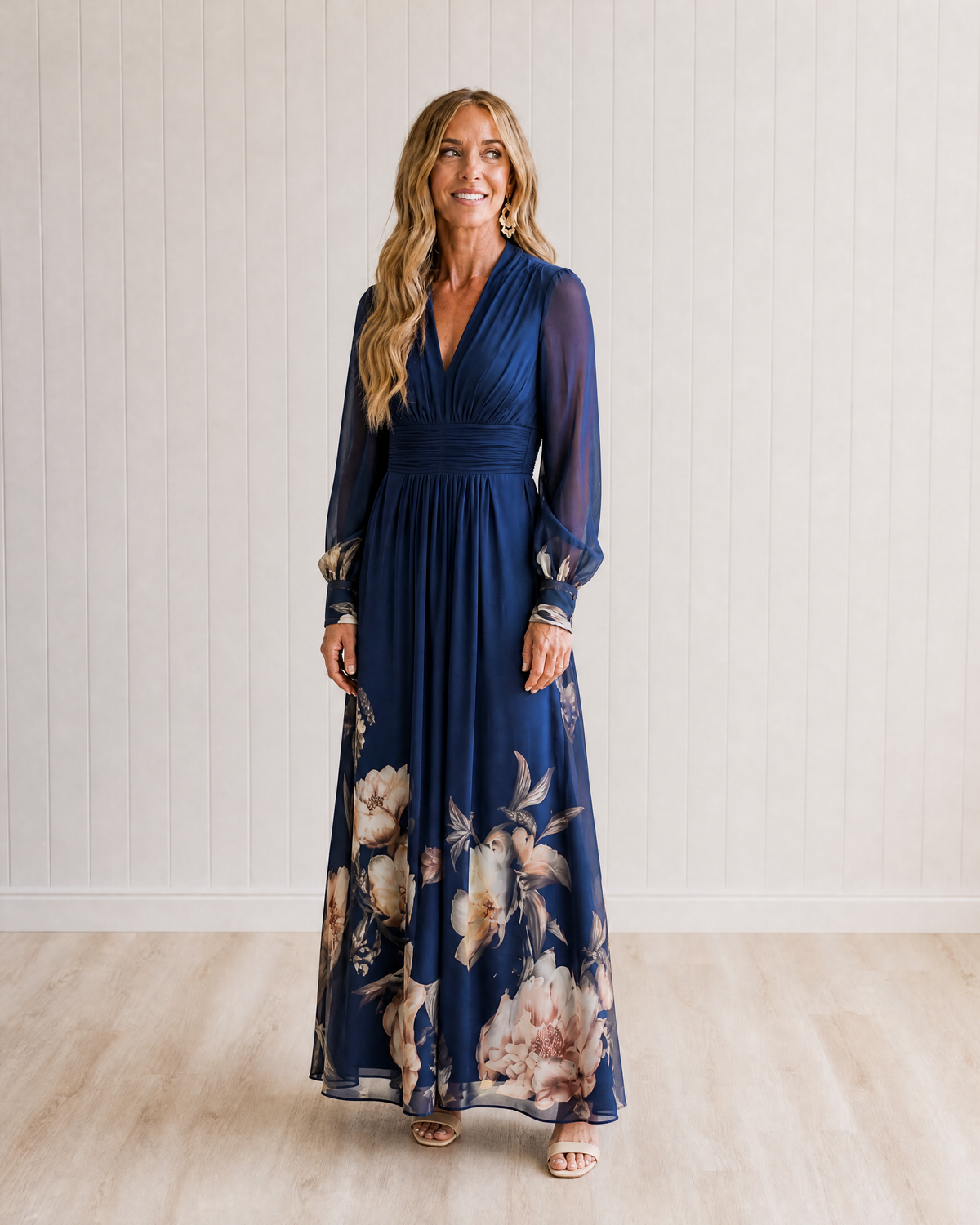 Ziva Pleated Sheer Sleeves Maxi Dress