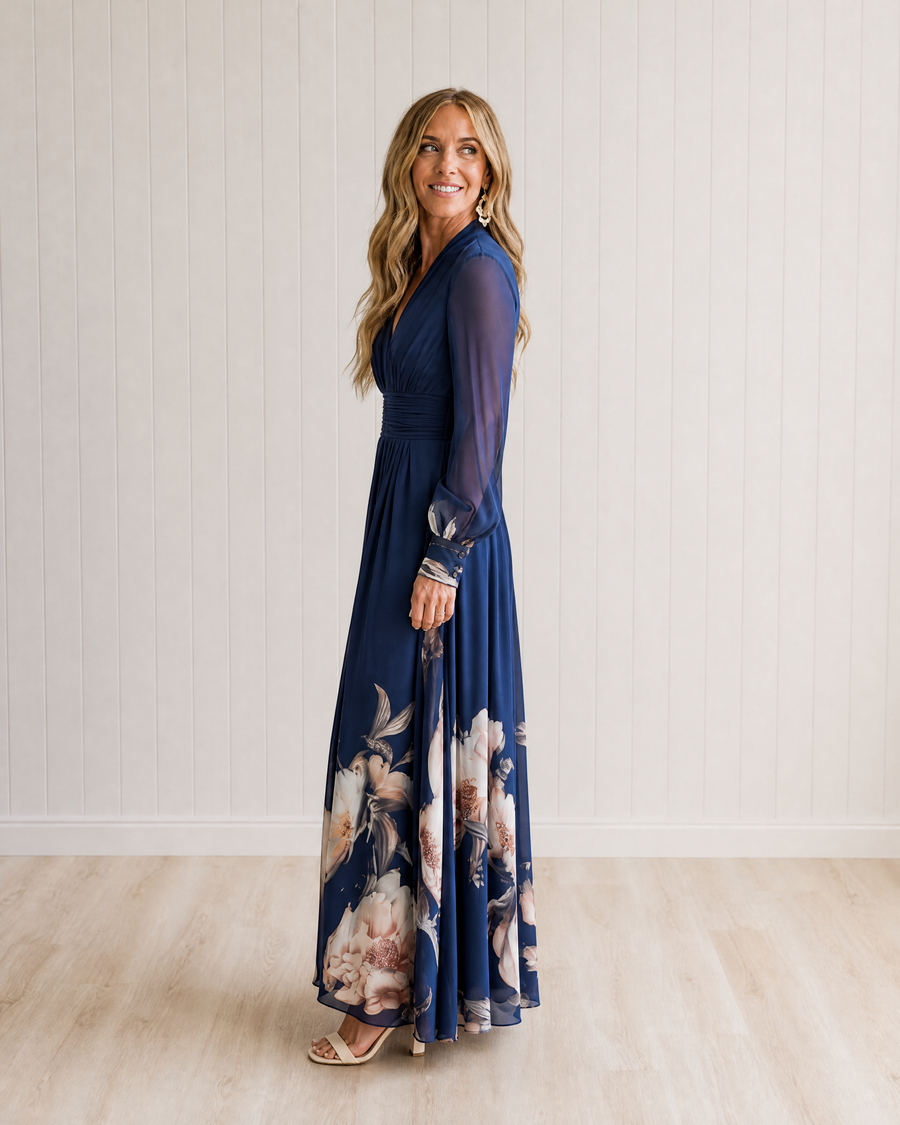 Ziva Pleated Sheer Sleeves Maxi Dress