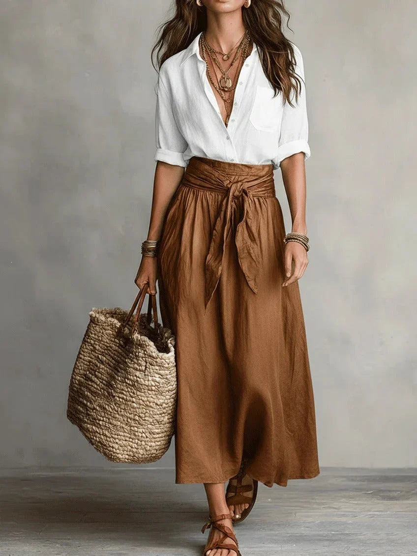 Vida Elegant Two-Piece Set with Black Blouse and Midi Skirt