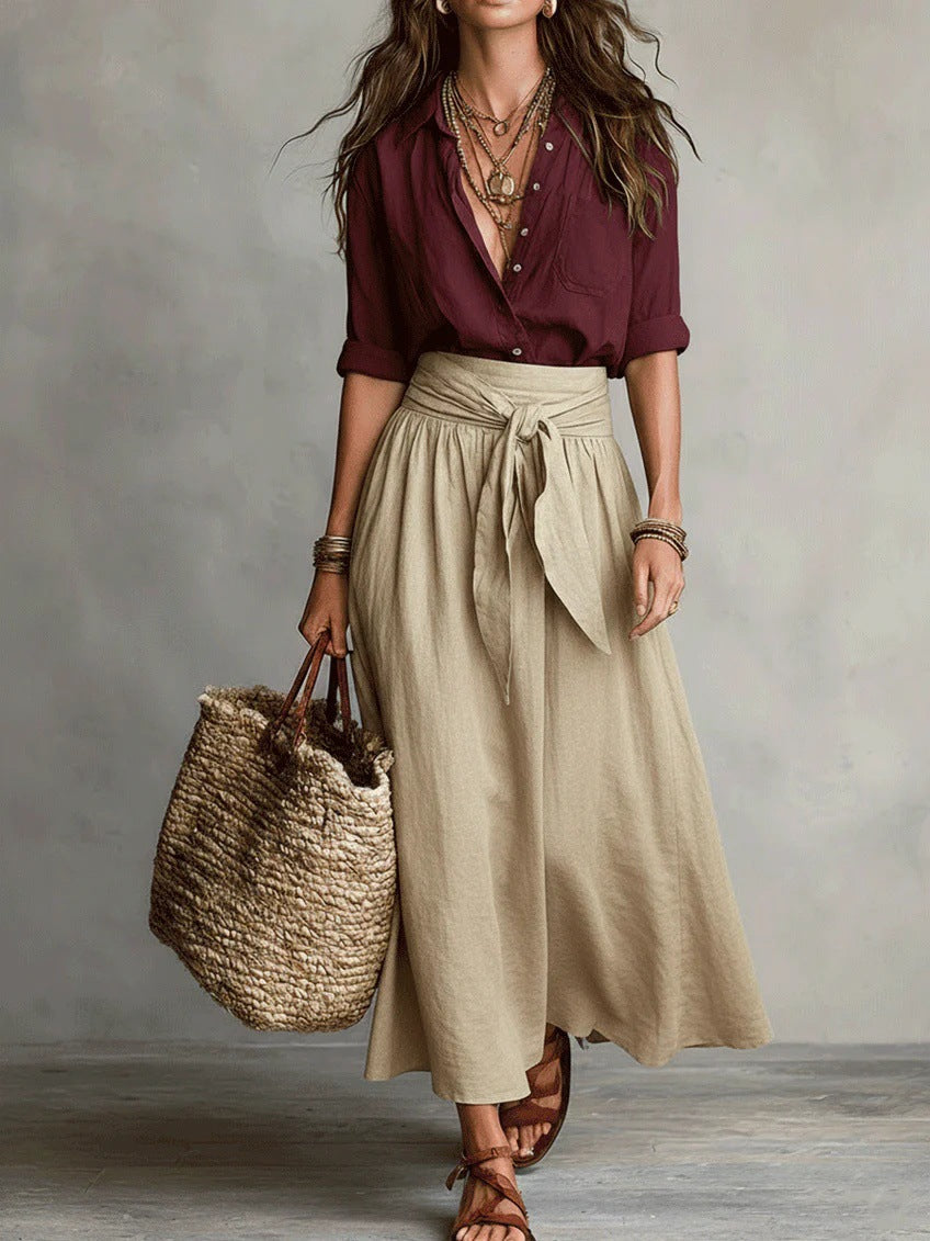River Two-Piece Set: Black Top and Olive Green Midi Skirt