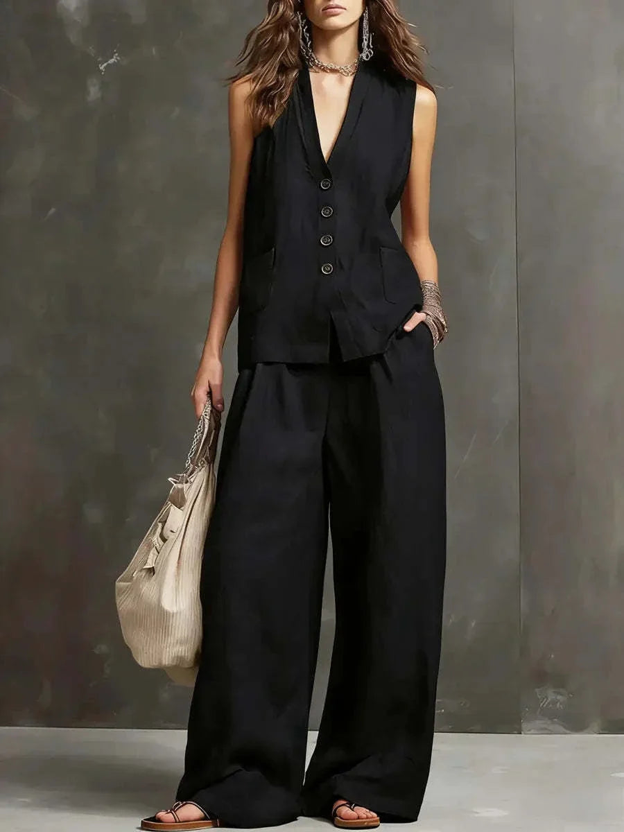 Irina Two-Piece Set with Sleeveless Waistcoat and Wide-Leg Trousers