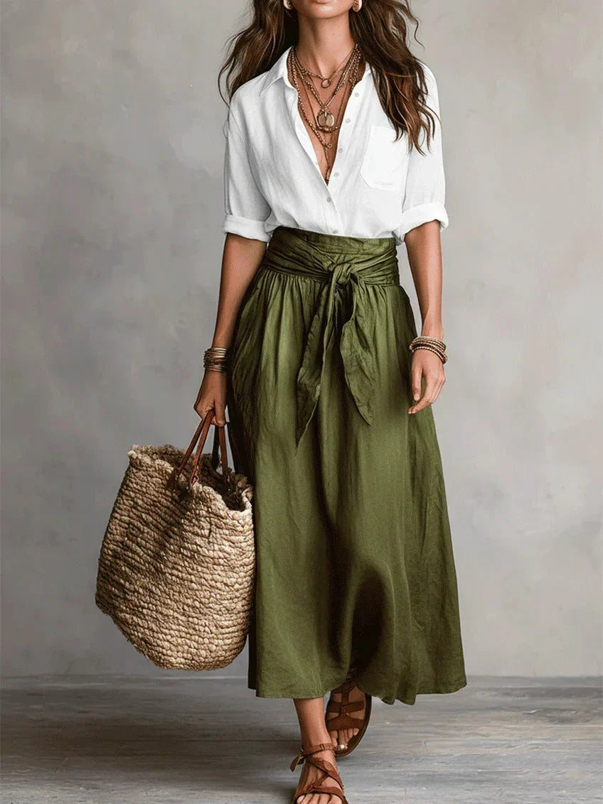 Vida Elegant Two-Piece Set with Black Blouse and Midi Skirt
