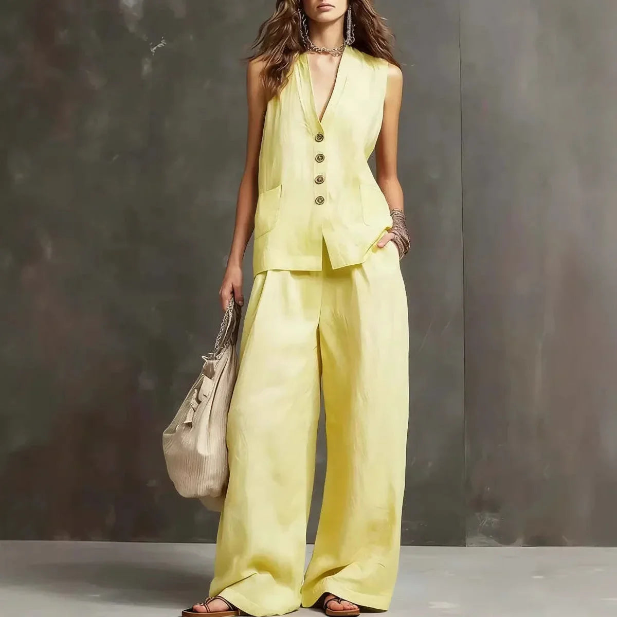 Irina Two-Piece Set with Sleeveless Waistcoat and Wide-Leg Trousers