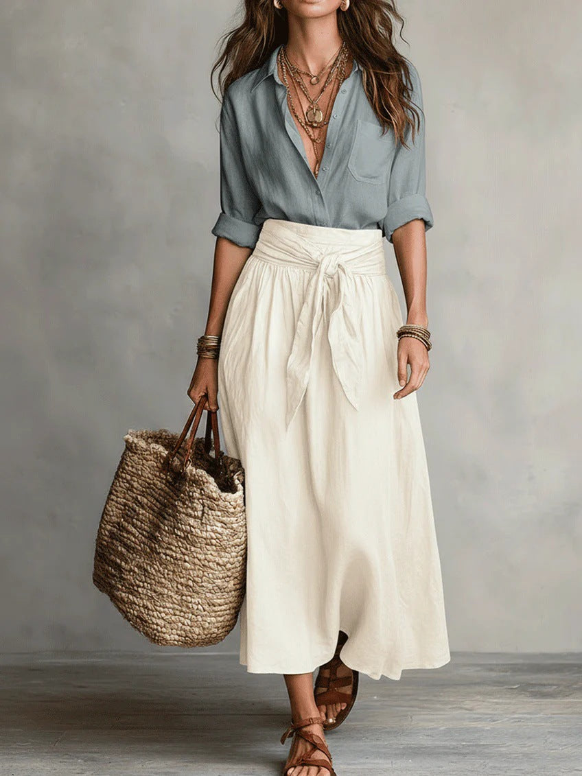 River Two-Piece Set: Black Top and Olive Green Midi Skirt
