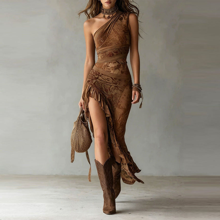 Elena™ | Asymmetrical maxi dress with bold print and flounced slit