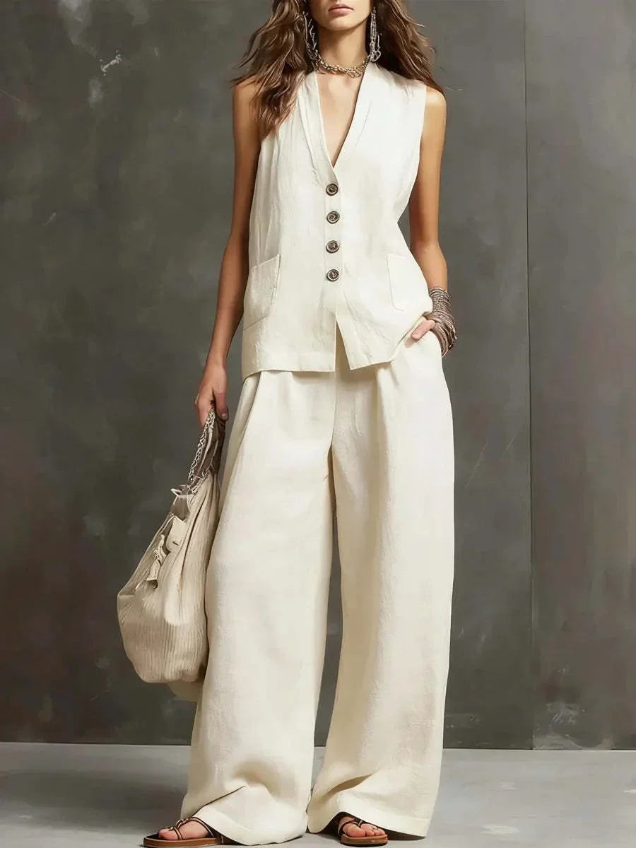 Irina Two-Piece Set with Sleeveless Waistcoat and Wide-Leg Trousers