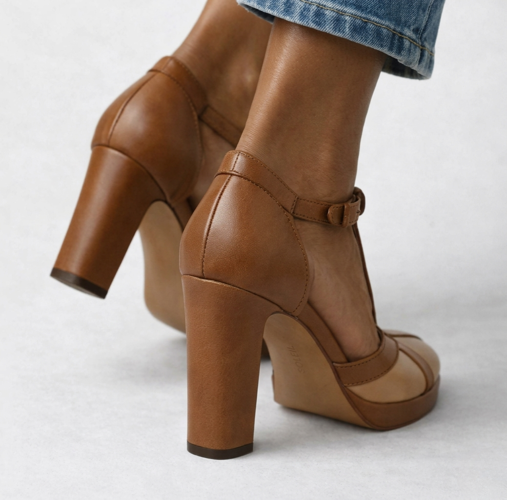 Abbey | Brown T-Bar Platform Heels