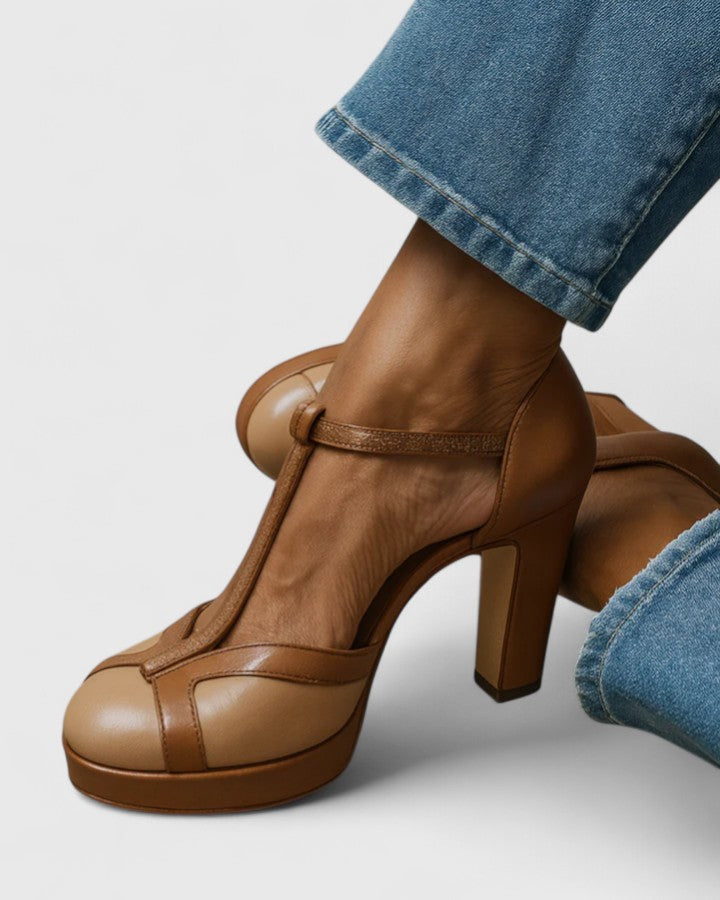 Abbey | Brown T-Bar Platform Heels