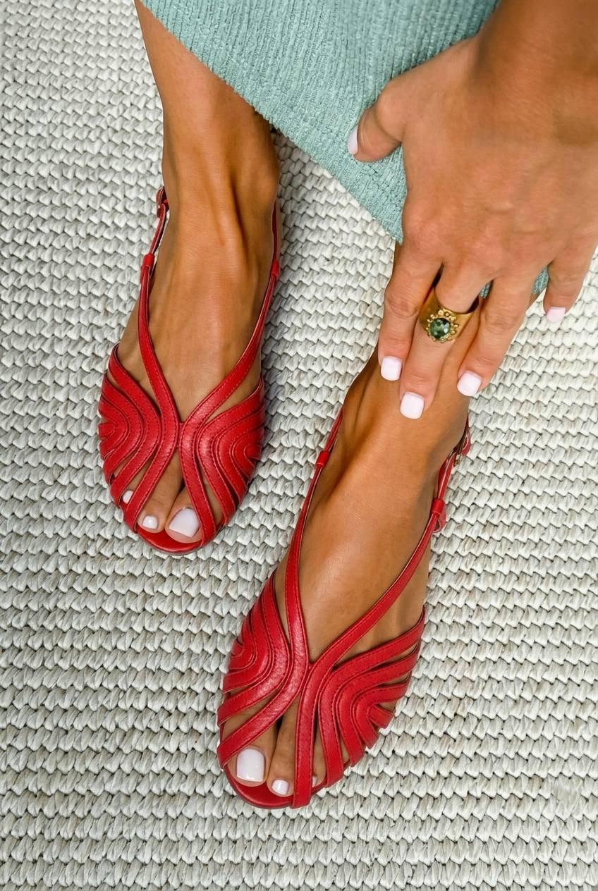 Red Leather Low Summer Peep Toe Sandals with Straps