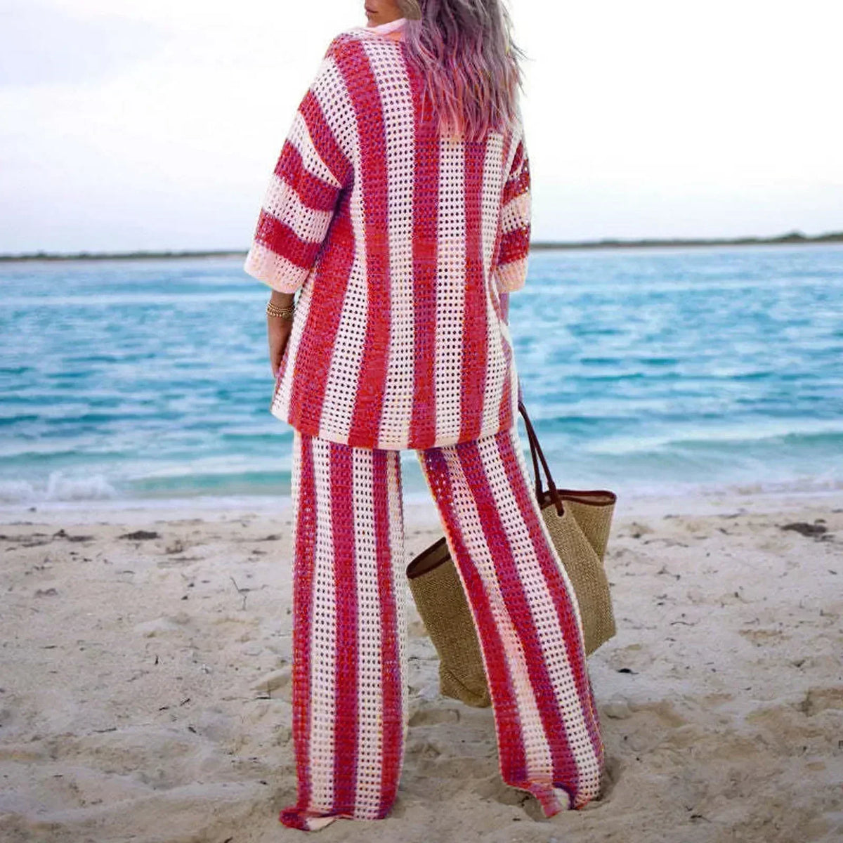 Zenaida™ | Striped Crochet Kimono and Trouser Set