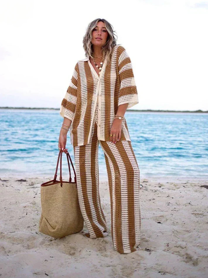 Zenaida™ | Striped Crochet Kimono and Trouser Set