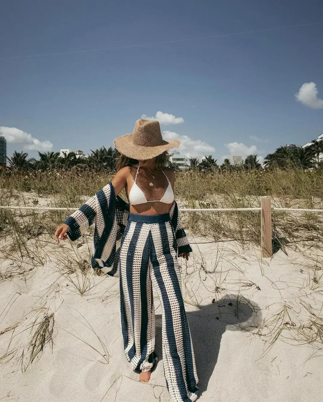 Zenaida™ | Striped Crochet Kimono and Trouser Set