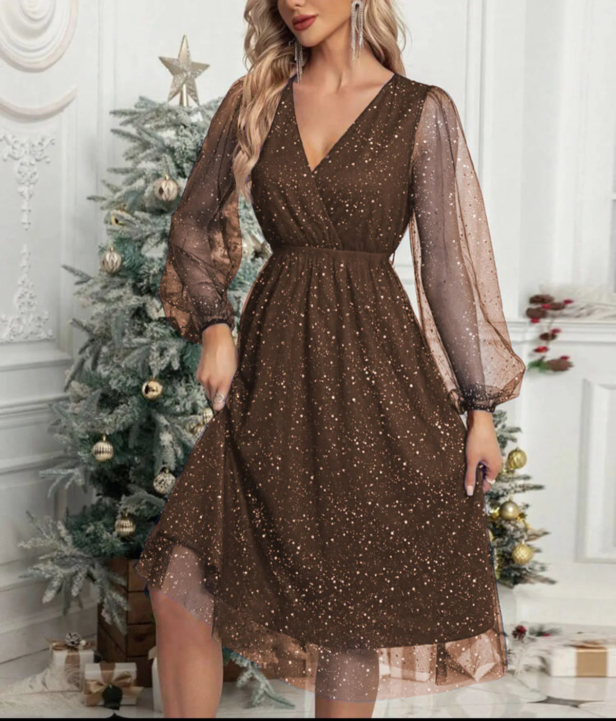Mae Harper | Sparkling Mesh-Sleeve V-Neck Evening Dress