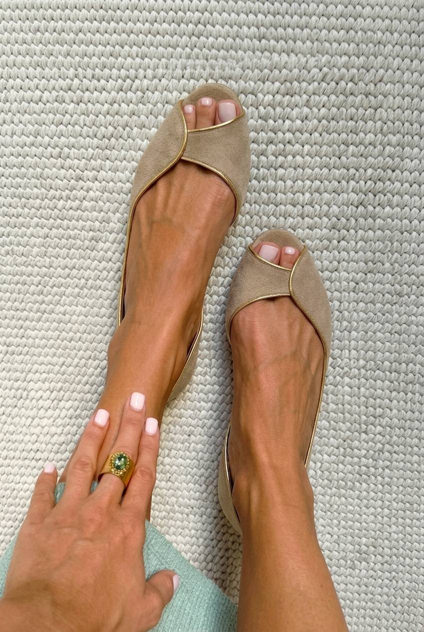 Beige and Gold Open-Toe D'Orsay Flats