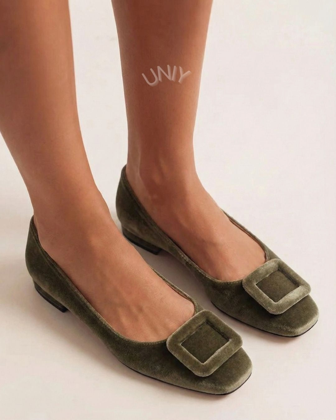 Square-Toed Velvet Ballerinas with Buckle