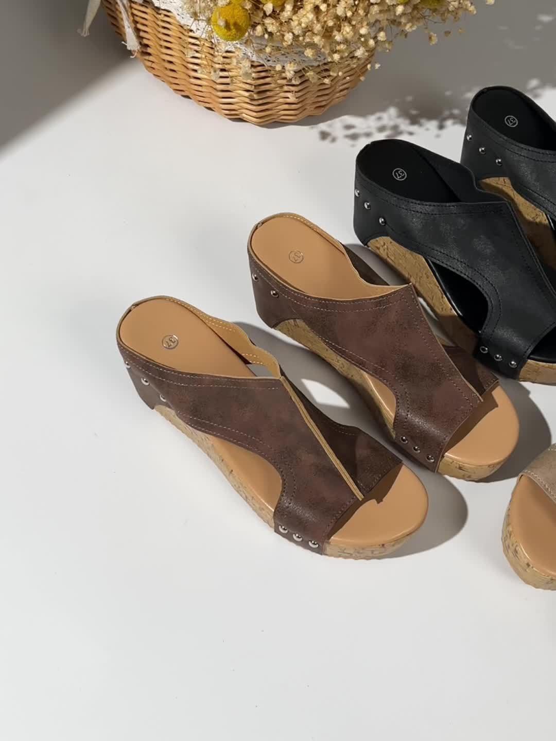 Vintage-Inspired Wedge Sandals - Open Toe & Easy to Slip On