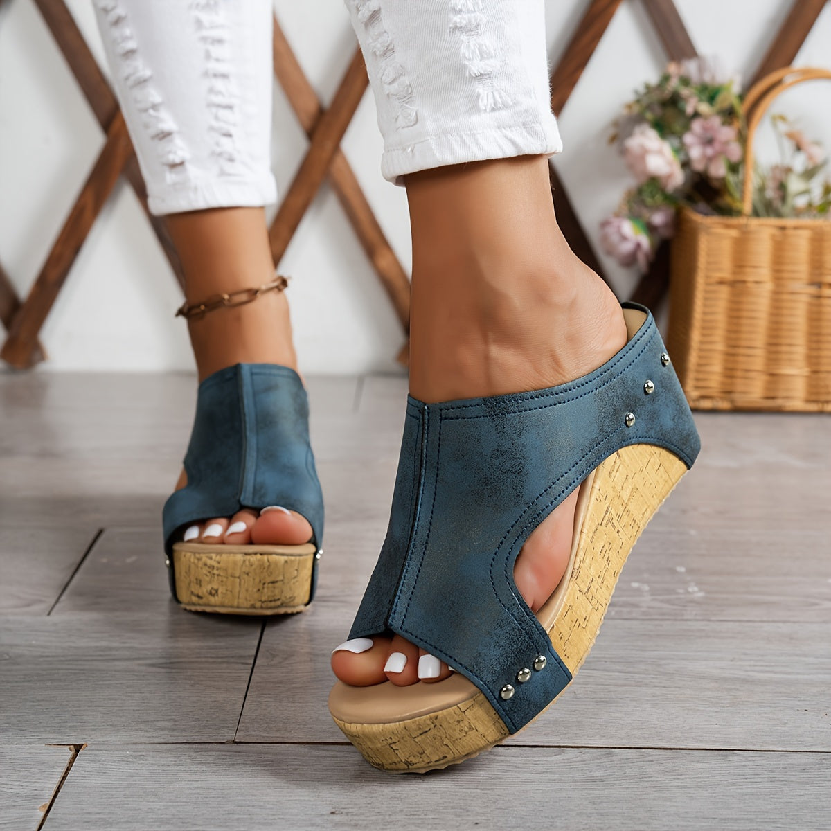 Vintage-Inspired Wedge Sandals - Open Toe & Easy to Slip On
