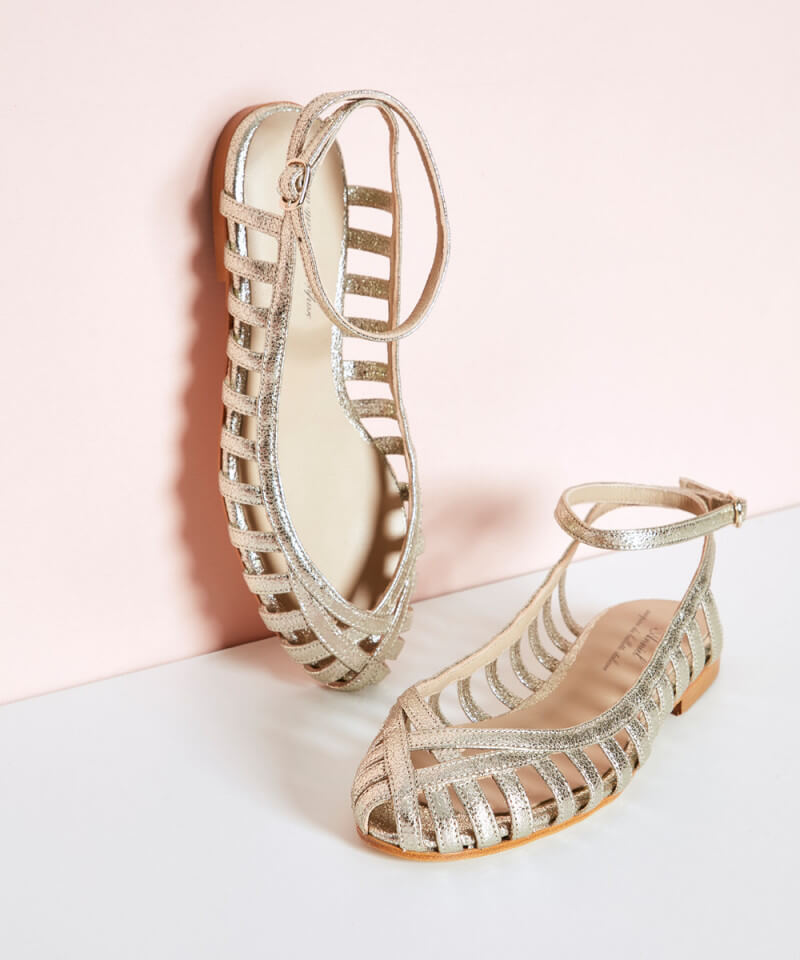Silver Cut-Out Sandals with Round Toe and Ankle Strap
