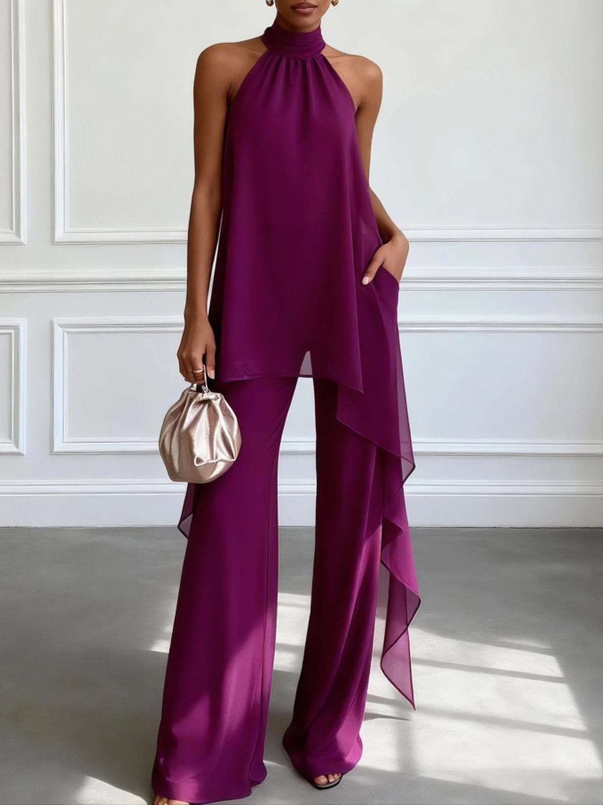 Purple Halter Neck Sleeveless Elegant Top With Trousers Two-Piece Set