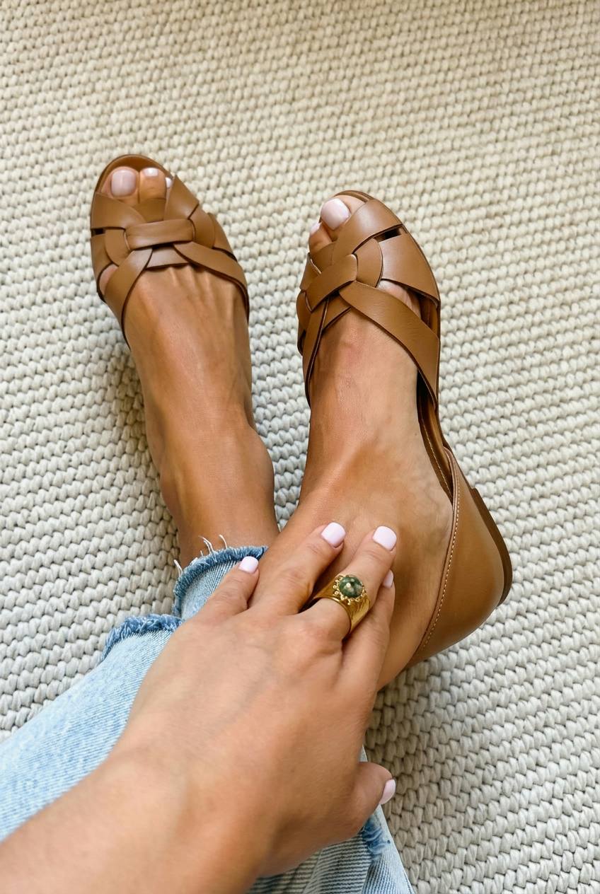 Woven Peep Toe Ballet Flats in Faux Leather with Crossed Straps and a Closed Heel