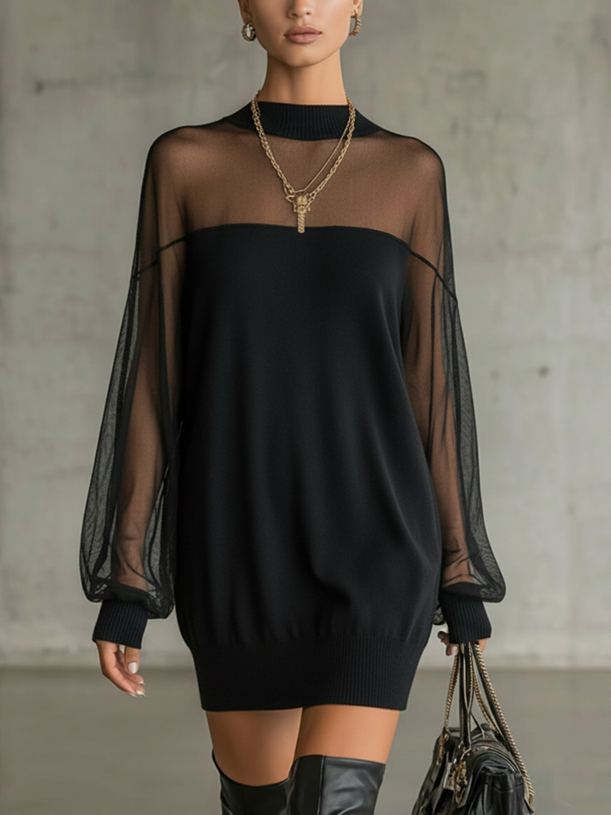 Amélie | Elegant Black Mini Dress with Mesh Sleeves