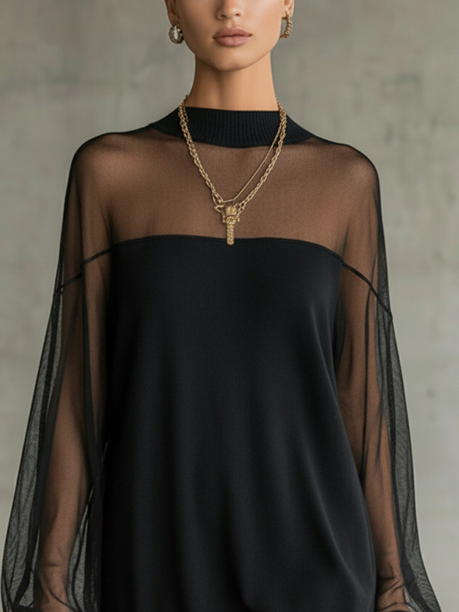 Domitille | Mini Black Dress, Sheer Mesh Sleeves, High Neck