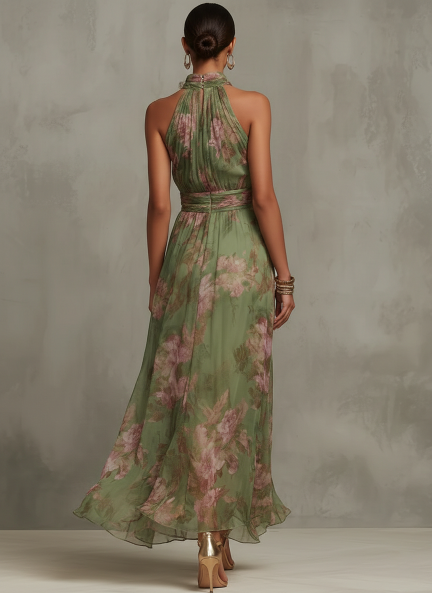 Florine | Green Maxi Dress with Floral Print