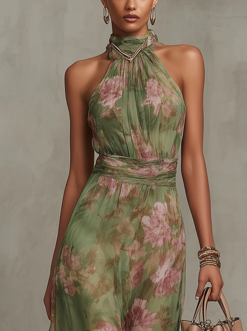 Florine | Green Maxi Dress with Floral Print