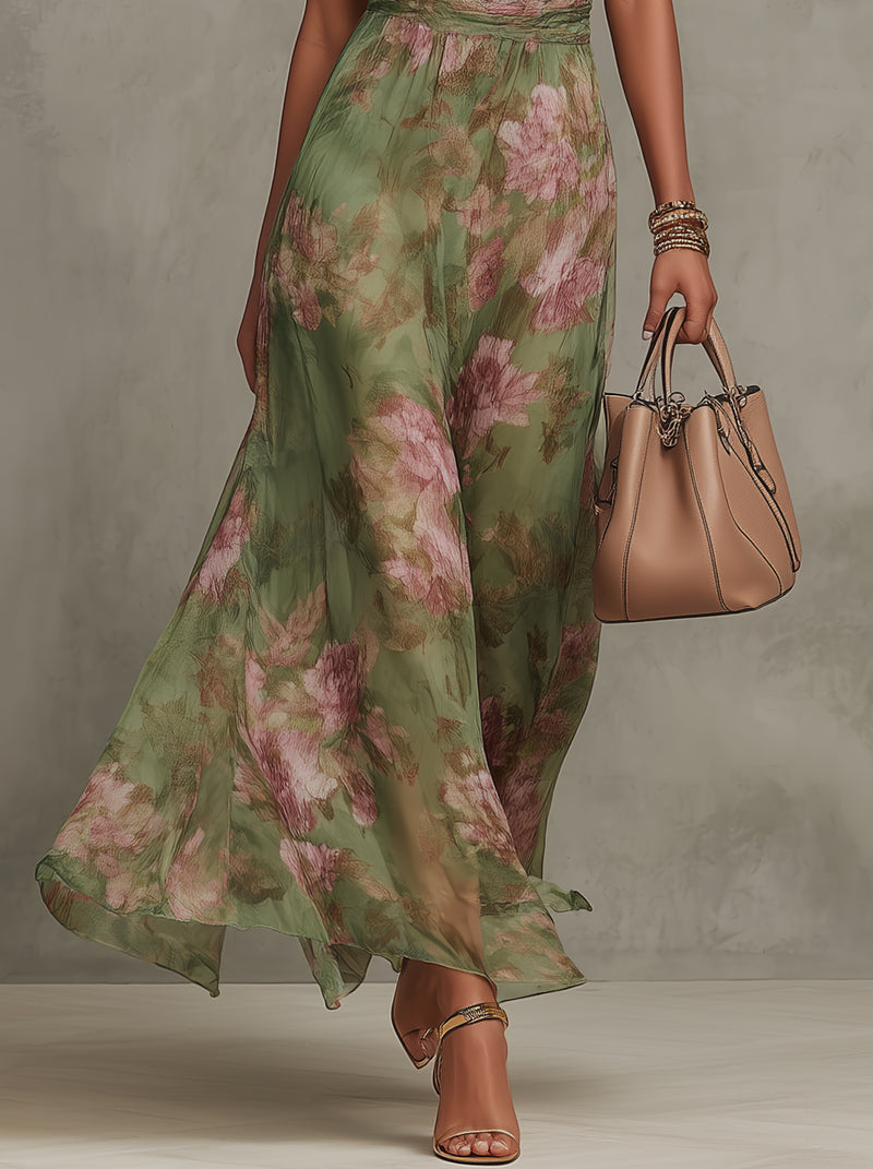 Florine | Green Maxi Dress with Floral Print