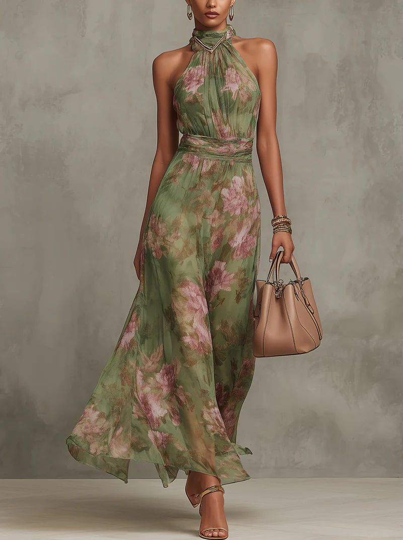 Florine | Green Maxi Dress with Floral Print