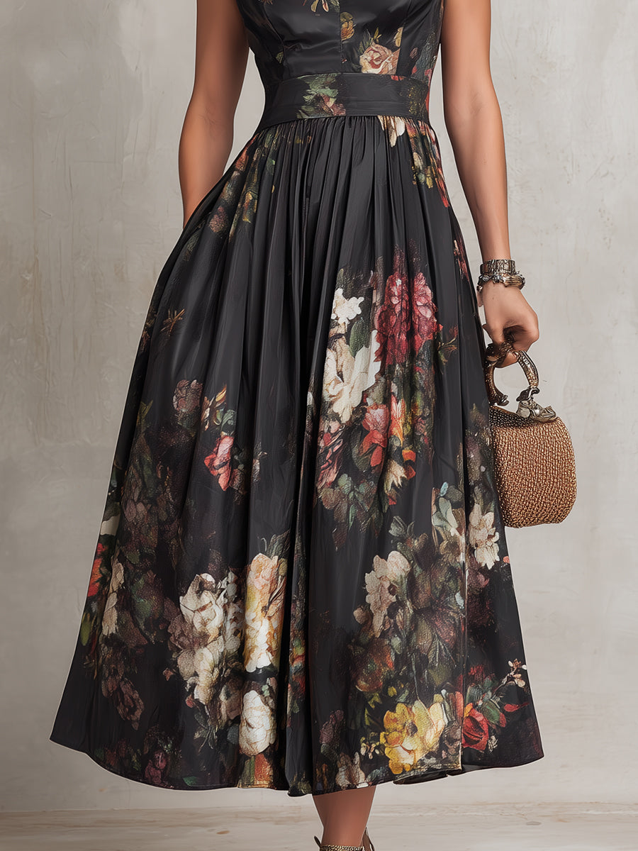 Violette™ | Black Pleated Satin Midi Dress with Floral Print and Keyhole Neckline