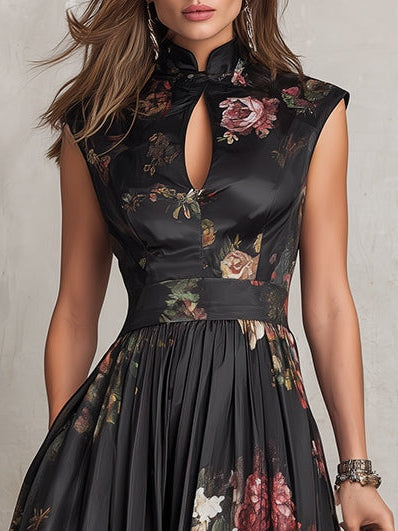 Violette™ | Black Pleated Satin Midi Dress with Floral Print and Keyhole Neckline
