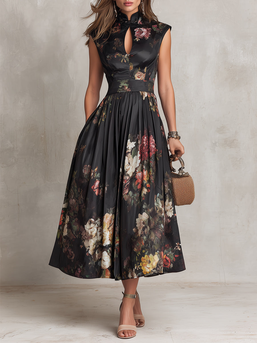 Violette™ | Black Pleated Satin Midi Dress with Floral Print and Keyhole Neckline