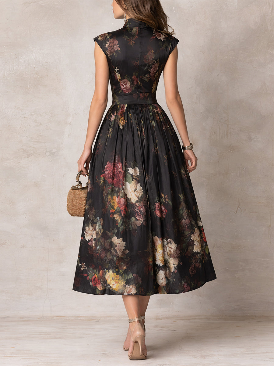 Violette™ | Black Pleated Satin Midi Dress with Floral Print and Keyhole Neckline