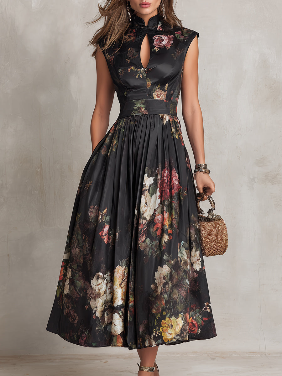 Violette™ | Black Pleated Satin Midi Dress with Floral Print and Keyhole Neckline