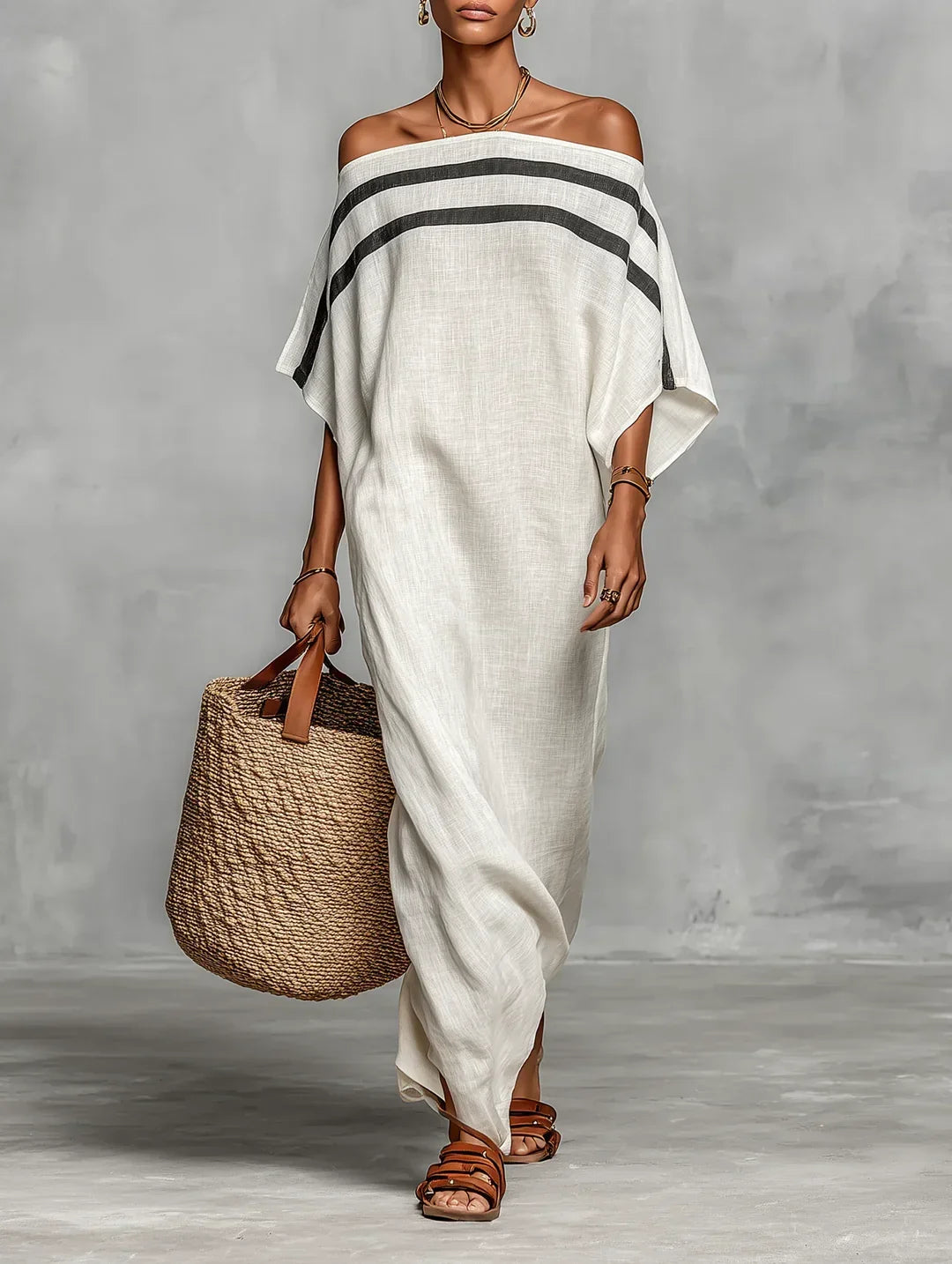 Naiara Maxi Dress with Off-Shoulder Design and Batwing Sleeves