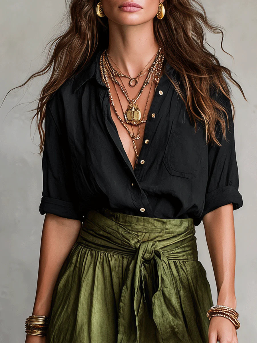 Vera | Two-Piece Set: Black Top and Olive Green Midi Skirt