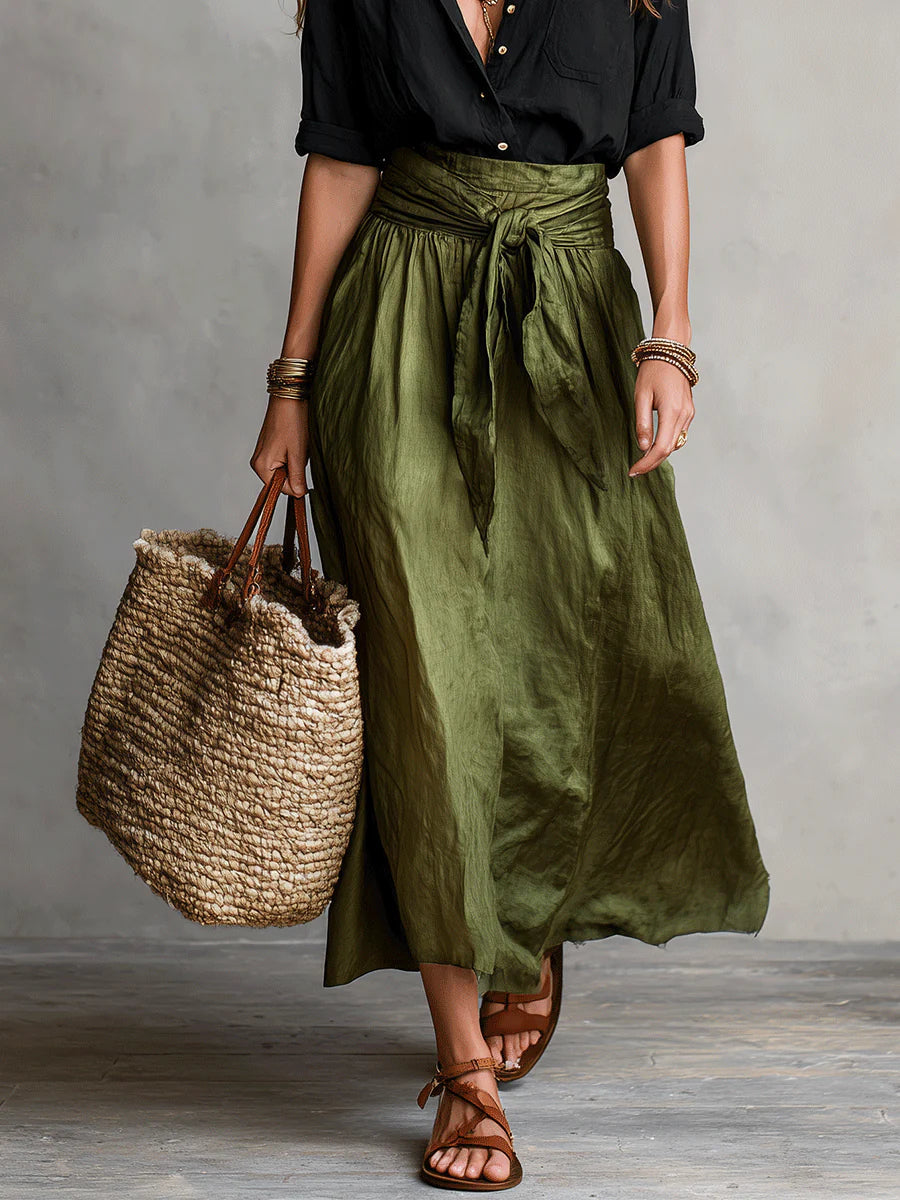 Vera | Two-Piece Set: Black Top and Olive Green Midi Skirt