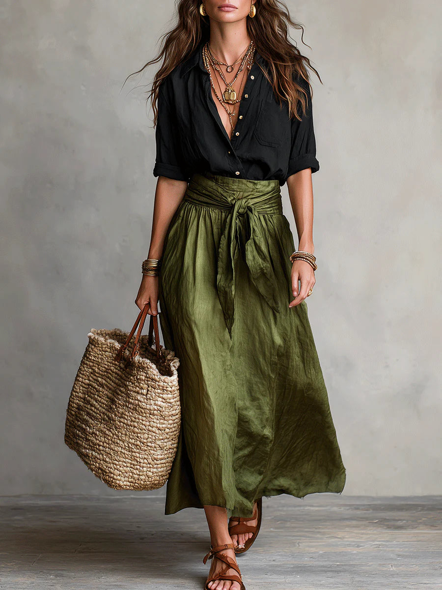 Vera | Two-Piece Set: Black Top and Olive Green Midi Skirt