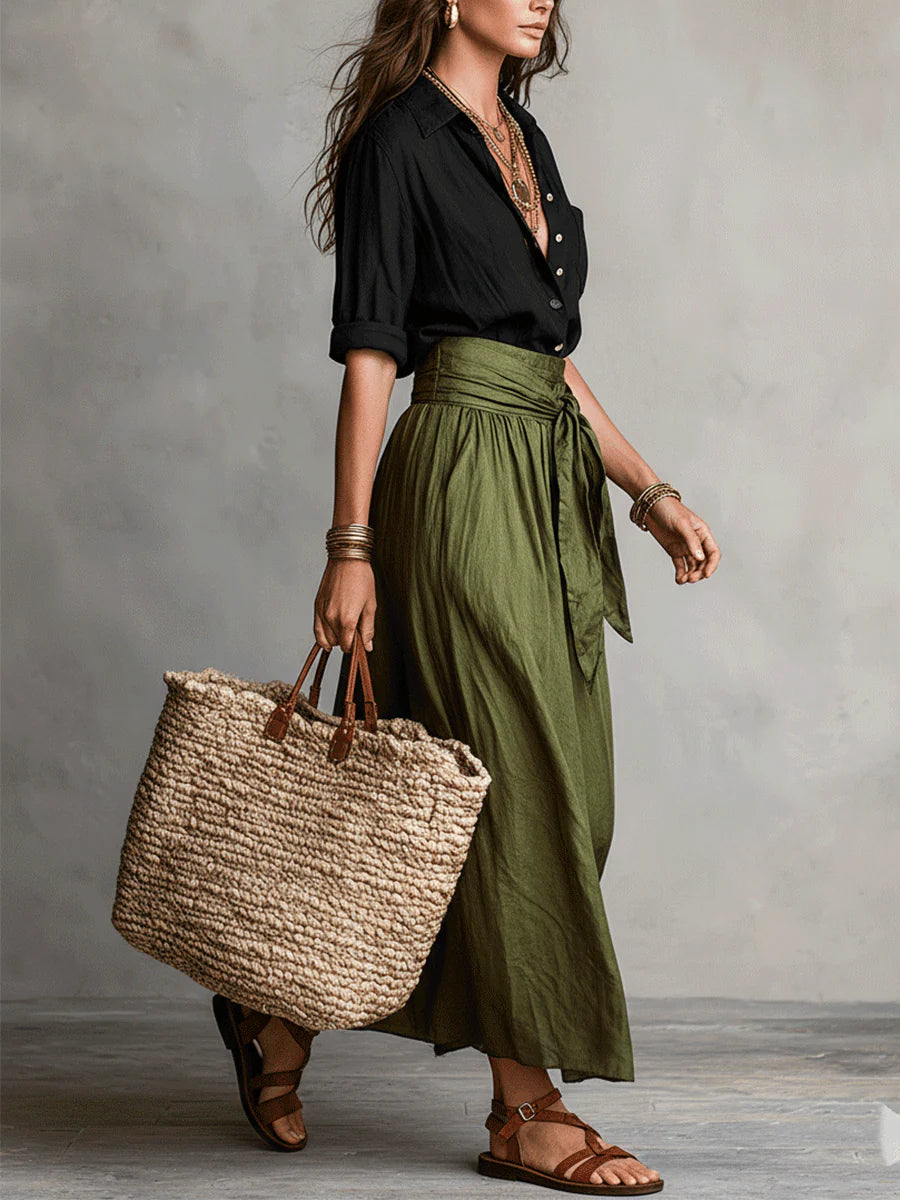 Vera | Two-Piece Set: Black Top and Olive Green Midi Skirt