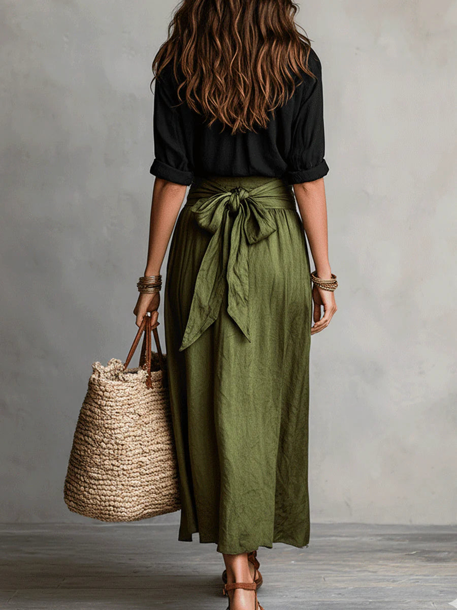 Vera | Two-Piece Set: Black Top and Olive Green Midi Skirt