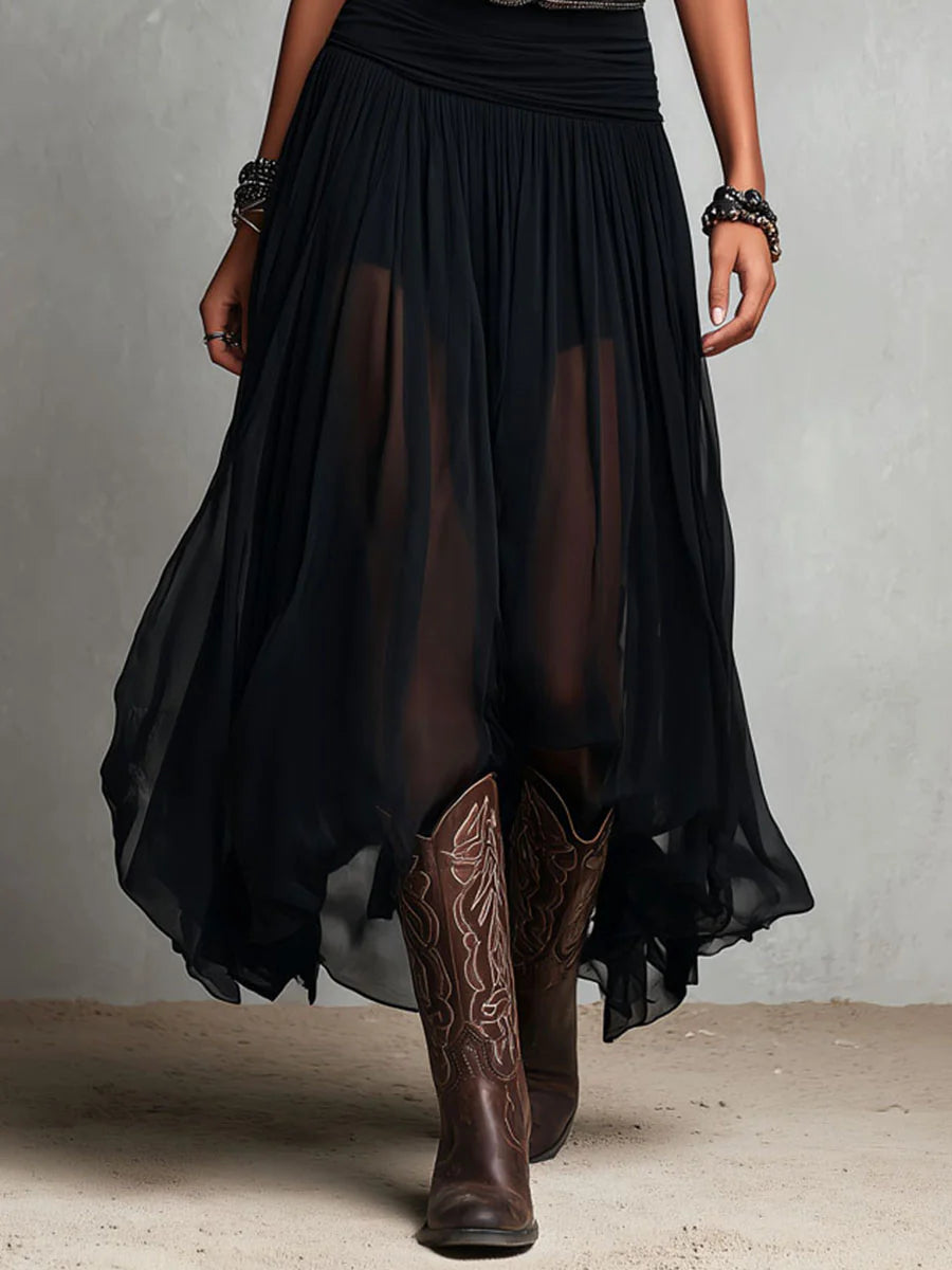 Thaïs | Black sleeveless maxi dress with tulle skirt (with belt)